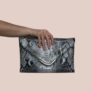 Vieta Clutch Snakeskin Print foldover Bag With Silvertone Hardware